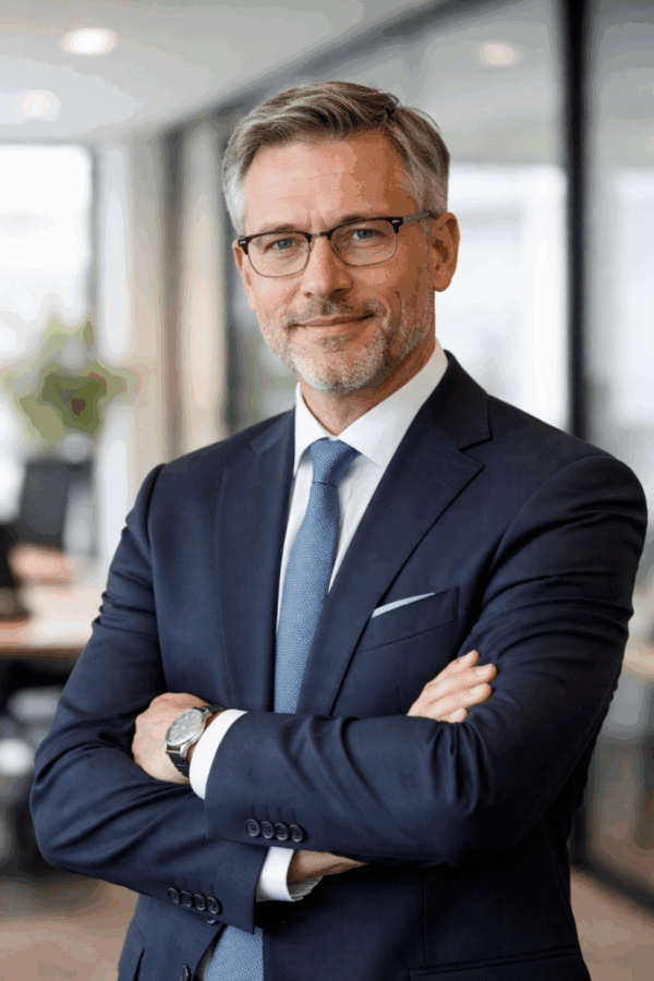 Ein mit ChatGPT generiertes Bild zeigt das durchschnittliche Vorstandsmitglied börsennotierter österreichischer Unternehmen. Porträt eines fiktiven, etwa Mitte 50-jährigen Mannes mit kurz geschnittenem, grau meliertem Haar und gepflegtem Bart. Er trägt einen dunkelblauen Anzug, ein weißes Hemd und eine blaue Krawatte. Die Person blickt direkt in die Kamera und zeigt einen neutralen, leicht selbstbewussten Gesichtsausdruck. Der Hintergrund ist unscharf und hell gehalten, wodurch der Fokus auf dem Gesicht und der formellen Geschäftskleidung liegt