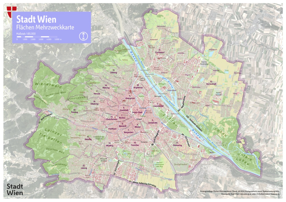 WIENUEBERSICHT_Randlos_A3quer (c) Stadt Wien Übersichtskarte der Stadt Wien mit Bezirksgrenzen, Siedlungsgebieten, Gewässern und großen Grünräumen wie Wienerwald, Lobau und Lainzer Tiergarten.